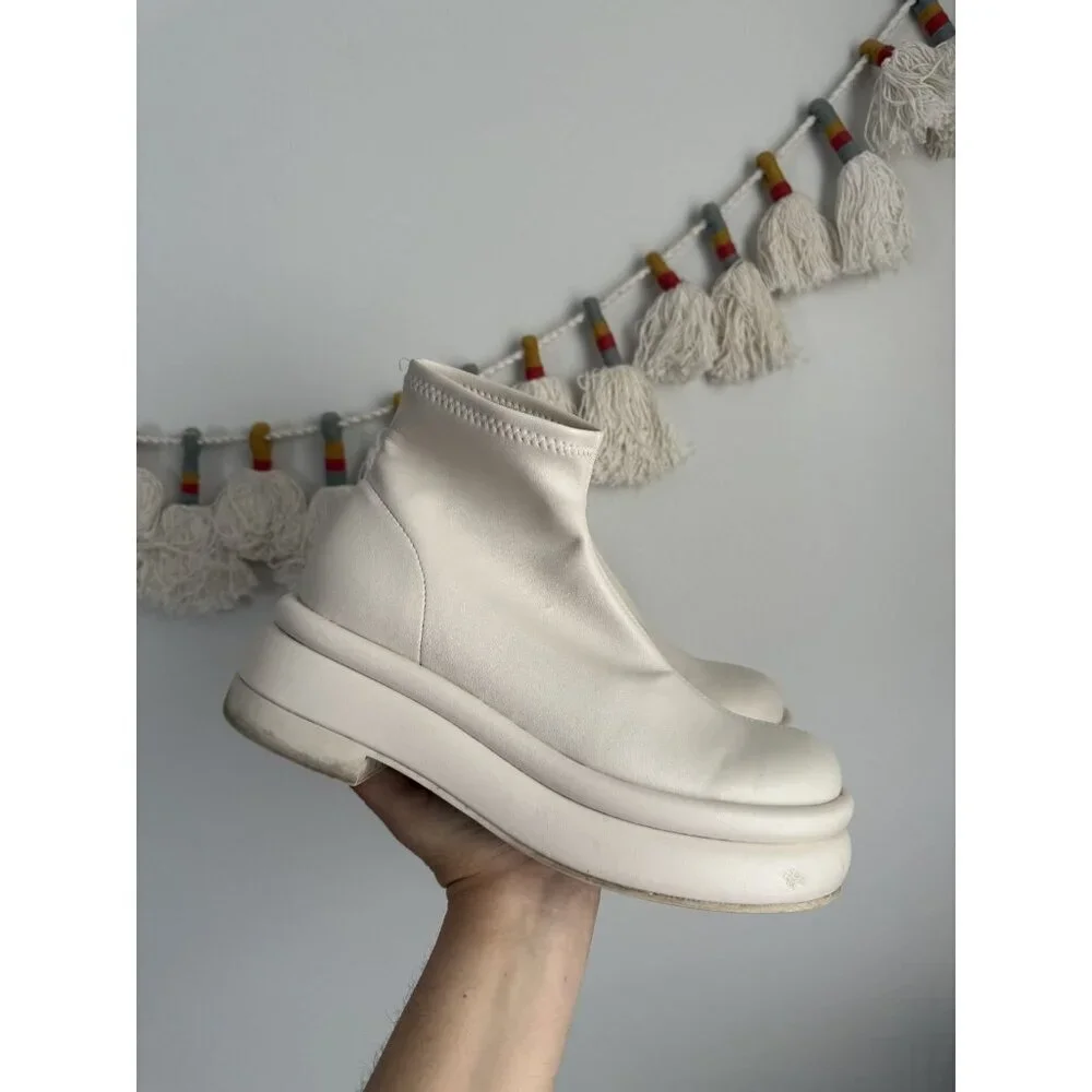 Charles & Keith Nola Leather Chalk White Slip On Ankle Booties Minimalist 38